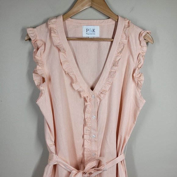 Peg & Kris P & K Peach Ruffle Shift Dress 14 Sleeveless Cotton Button Front - Picture 3 of 8